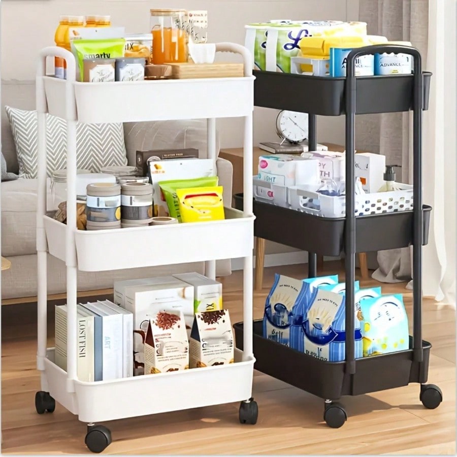 Office Supply Cart - รถเข็นอเนกประสงค์ 3 ชั้นพร้อมลิ้นชักแบบถอดได้ รถเข็นเก็บของเคลื่อนที่พร้อมชั้นวางแบบเจาะรูและตะกร้าแบ่งส่วน ประหยัดพื้นที่ประกอบได้อย่างรวดเร็วสำหรับห้องครัว ห้องน้ำ