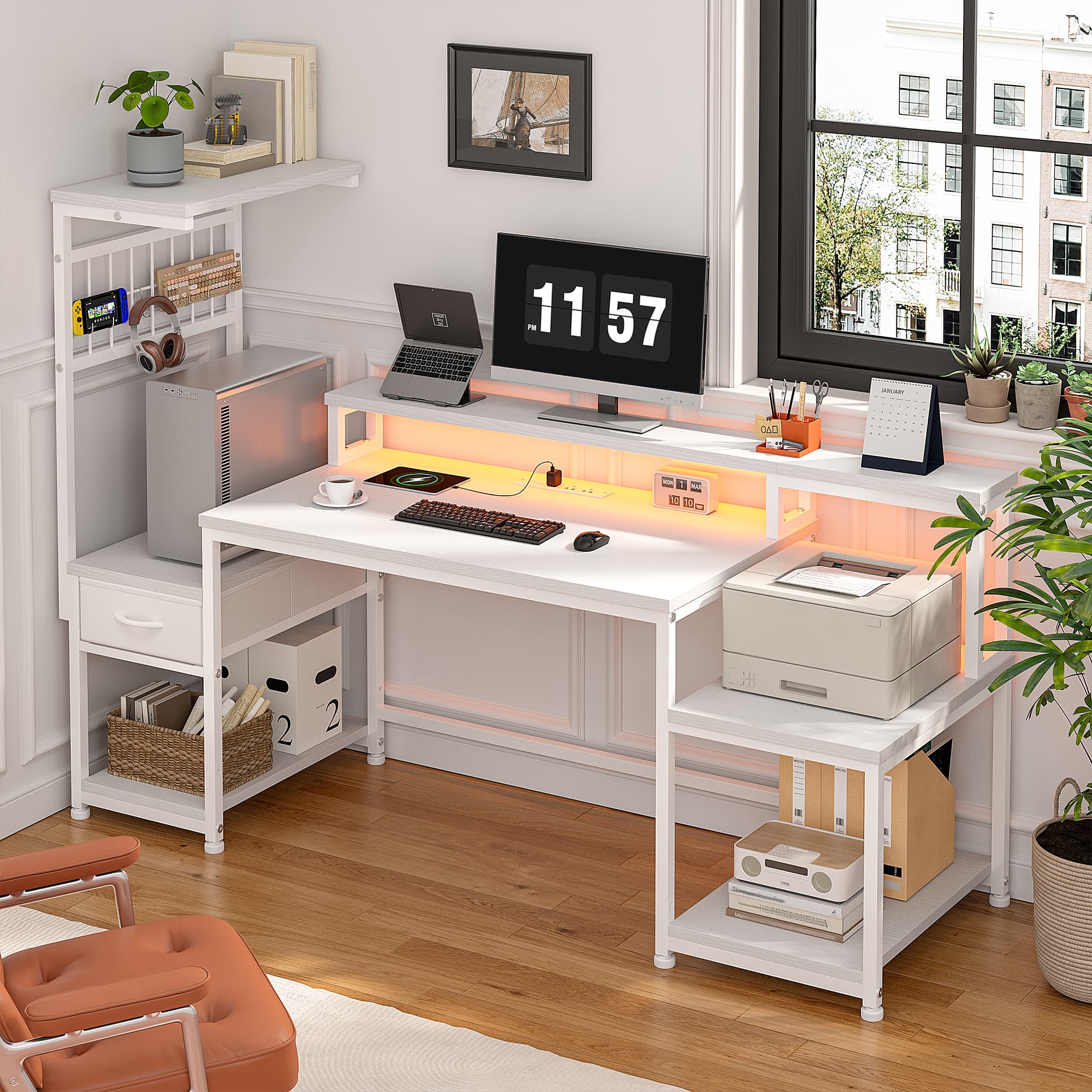 Office Furniture Plan - เอนโฮมี 55“ โต๊ะคอมพิวเตอร์สำหรับเล่นเกม LED พร้อมปลั๊กไฟ โต๊ะทำงานตามหลักสรีรศาสตร์พร้อมขาตั้งจอภาพ