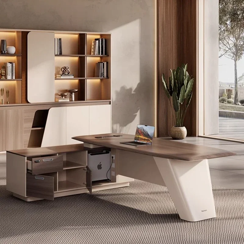 Office Furniture High End - โต๊ะทำงานผู้บริหารทรงตัวแอล ดีไซน์เรียบหรู ทันสมัย พร้อมเก้าอี้และตู้เก็บเอกสาร ชุดโต๊ะผู้บริหารขนาดใหญ่ หรูหรา