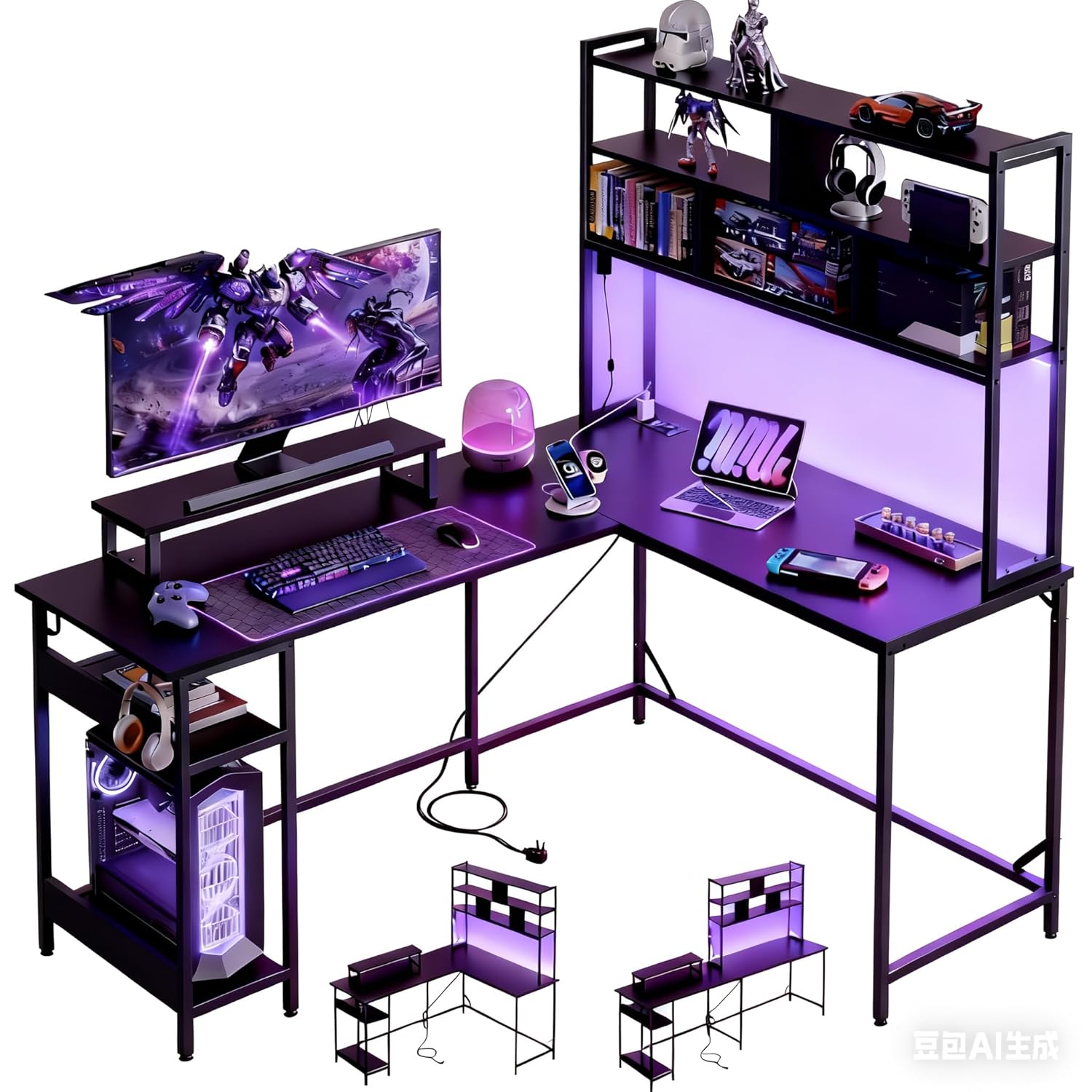 Gaming Desk With Hutch - โต๊ะเล่นเกมรูปตัว L พร้อมฮัทช์ โต๊ะคอมพิวเตอร์แบบพลิกกลับได้พร้อมไฟ LED ชั้นวาง