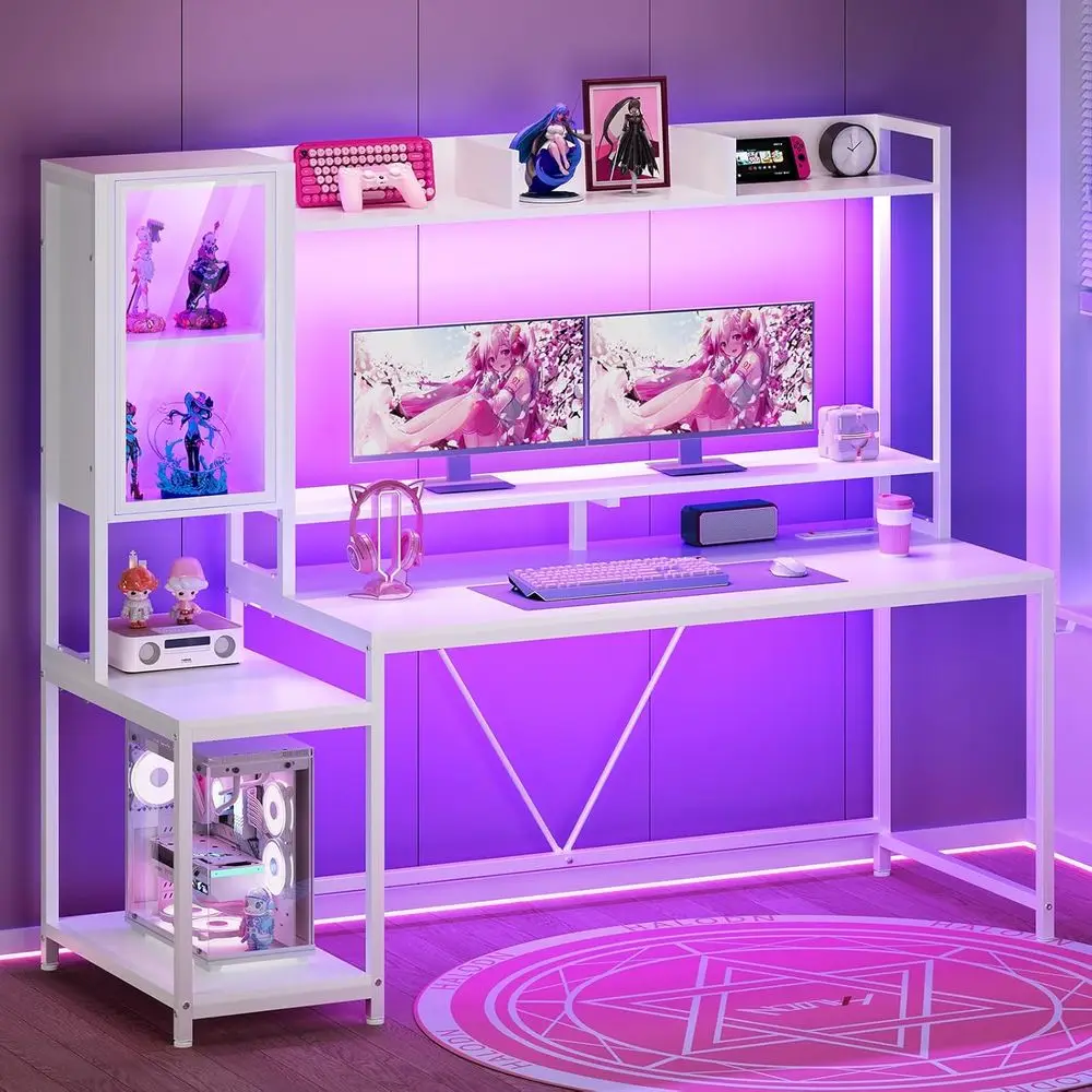 Gaming Desk With Hutch - โต๊ะเล่นเกมพร้อมไฟ LED 60 ดวง พร้อมตู้เก็บของ ตู้โชว์
