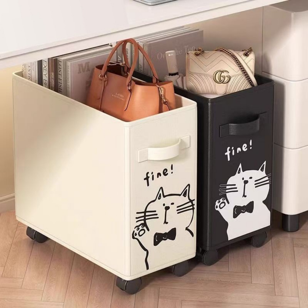 Office Supply Cart - กล่องเก็บของแบบมีล้อใต้โต๊ะ รถเข็นเก็บของเคลื่อนที่พร้อมล้อ ลายแมวน่ารัก ผ้าหุ้มสำหรับจัดระเบียบ ใช้ในบ้าน สำนักงาน