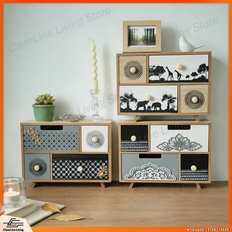 Office Storage Cabinet - ตู้ลิ้นชักไม้สำหรับวางบนโต๊ะทำงาน ลายแกะสลักแบบชนเผ่า ตู้เก็บของสำนักงาน ตู้เก็บของจิปาถะ ตู้เก็บของสำหรับอุปกรณ์ห้องปฏิบัติการ