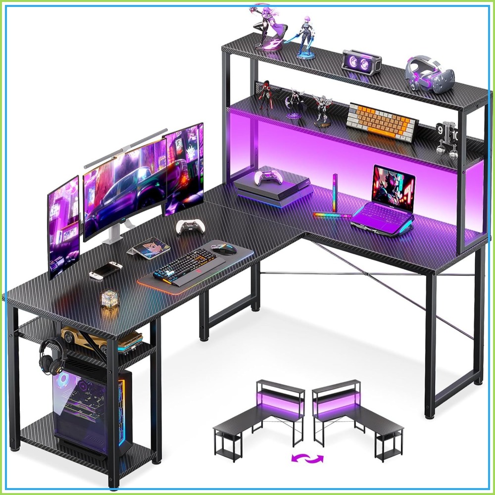 Gaming Desk With Hutch - โต๊ะเกมมิ่งรูปตัว L ขนาด 53 นิ้ว พร้อมชั้นวางและที่แขวนหูฟัง,