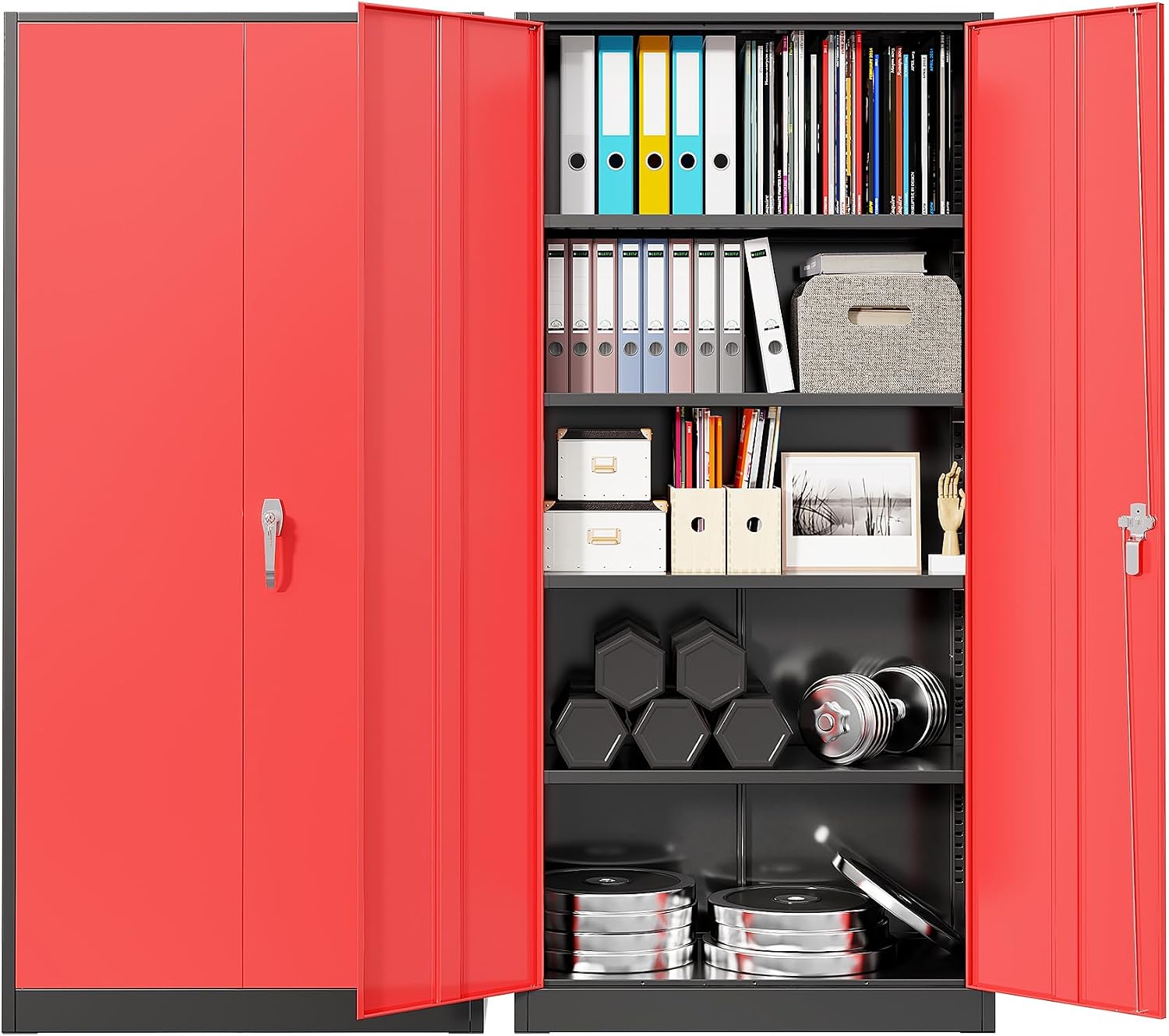 Office Storage Cabinet - ตู้เก็บของโลหะสำหรับงานหนัก, ตู้เก็บของเหล็กแบบมีกุญแจพร้อม 2 ประตูและชั้นวางปรับได้ 5 ชั้น