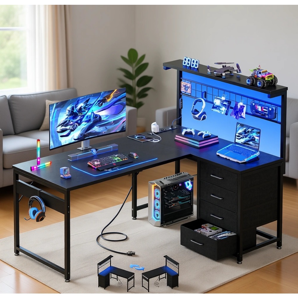 Gaming Desk With Hutch - โต๊ะเกมมิ่งรูปตัว L พร้อมชั้นวางของ, ตู้เก็บของ และลิ้นชัก 4