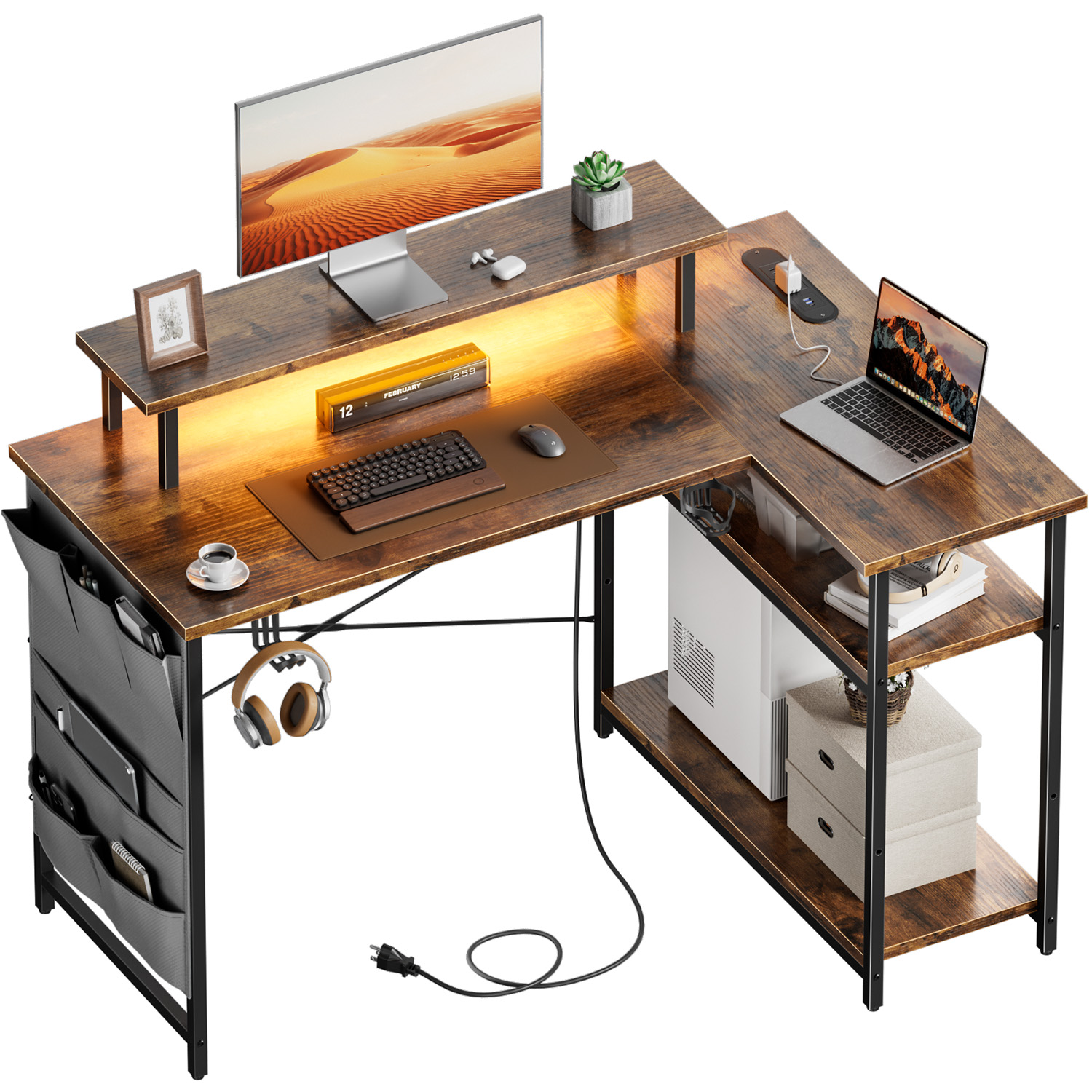 Gaming Desk With Hutch - โต๊ะคอมพิวเตอร์รูปตัว L พร้อมเต้าเสียบไฟฟ้าและไฟ LED, ขาตั้งจอภาพที่ออกแบบตามหลักสรีรศาสตร์, ช่องเก็บของด้านข้าง,
