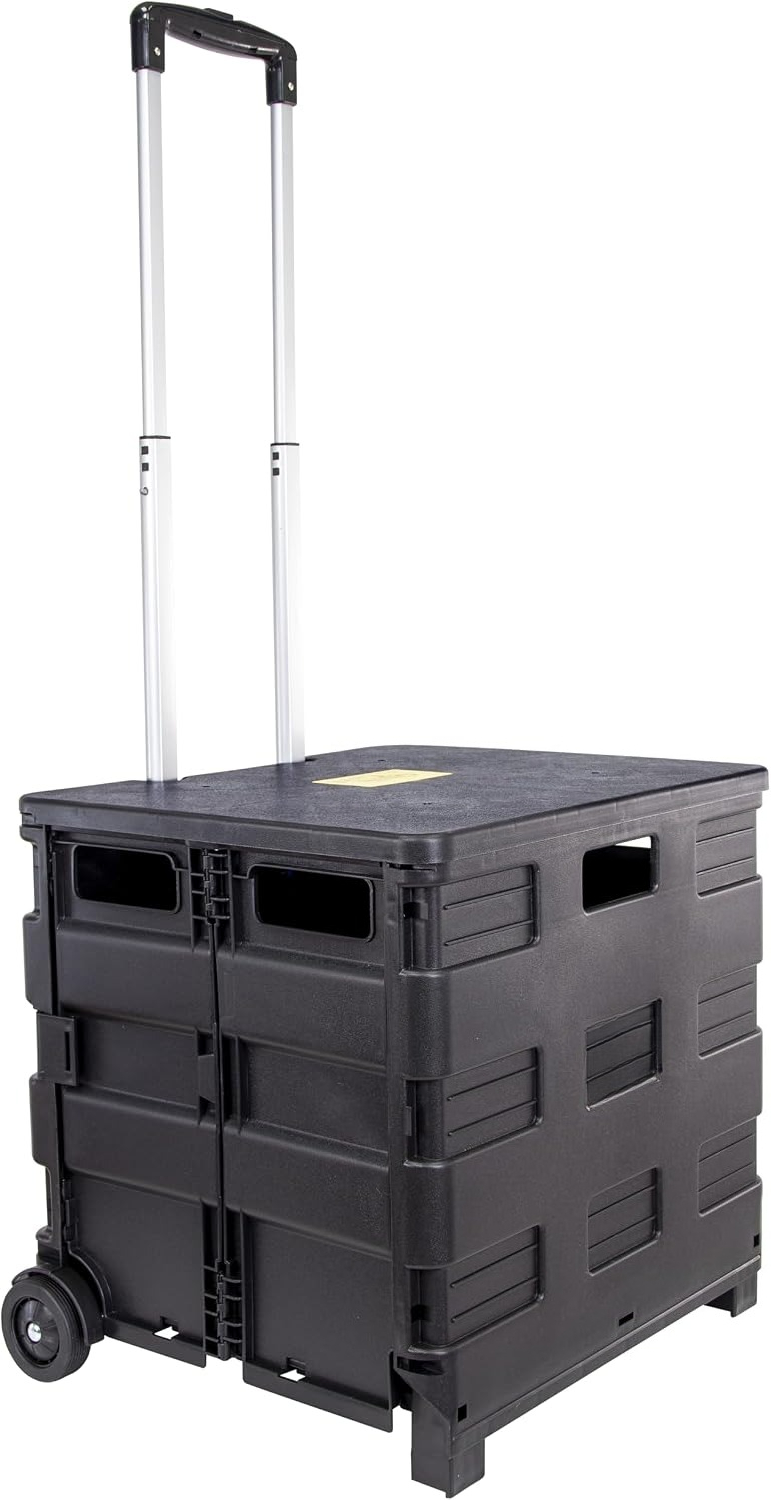 Office Supply Cart - รถเข็นพลาสติกสีดำแบบพับได้ รับน้ำหนักได้สูงสุด 80 ปอนด์ พร้อมฝาปิดที่ถอดออกได้ ใช้เป็นที่นั่งชั่วคราวได้