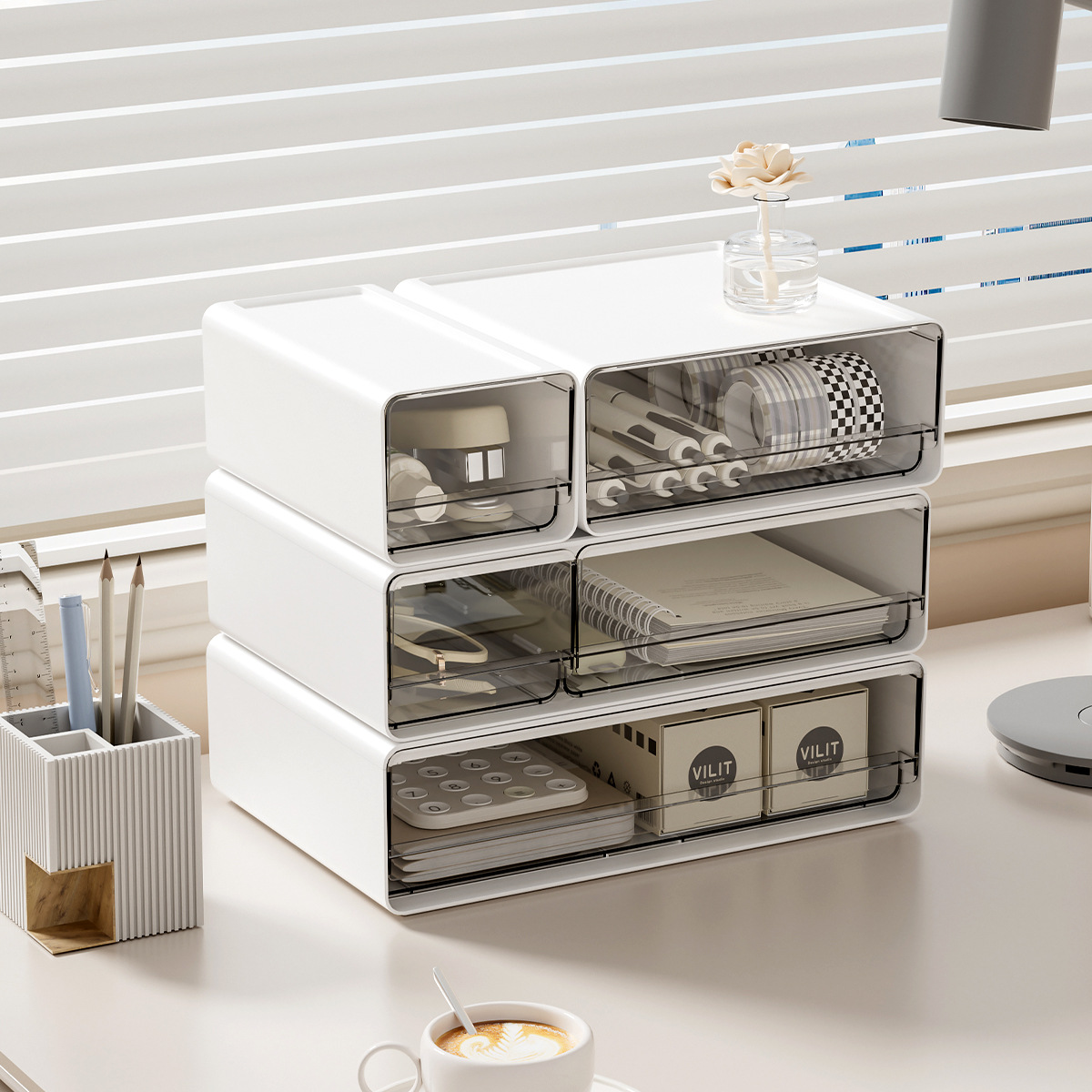 Office Storage Cabinet - กล่องเก็บของตั้งโต๊ะ กล่องเก็บของตั้งโต๊ะแบบลิ้นชักเรียบง่าย ตู้เก็บเครื่องสำอางแบบหลายช่อง กล่องเก็บเอกสารสำนักงานแบบวางซ้อนกันได้