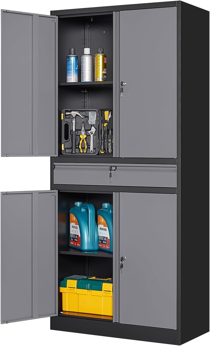 Office Storage Cabinet - ตู้เก็บของโลหะสำหรับโรงรถ, ตู้เก็บเครื่องมือเหล็กทรงสูงพร้อมลิ้นชักประตูล็อคได้และชั้นวางปรับระดับได้สำหรับสำนักงาน/คลังสินค้า, สีเทา-ดำ