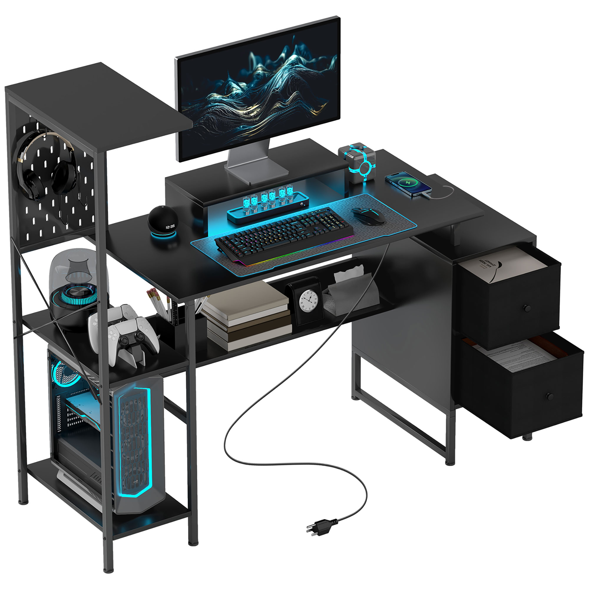 Office Furniture Plan - โฮมคอมโต๊ะเล่นเกมขนาด 56 นิ้ว พร้อมปลั๊กไฟและไฟ LED, โต๊ะคอมพิวเตอร์พร้อมขาตั้งจอภาพ,