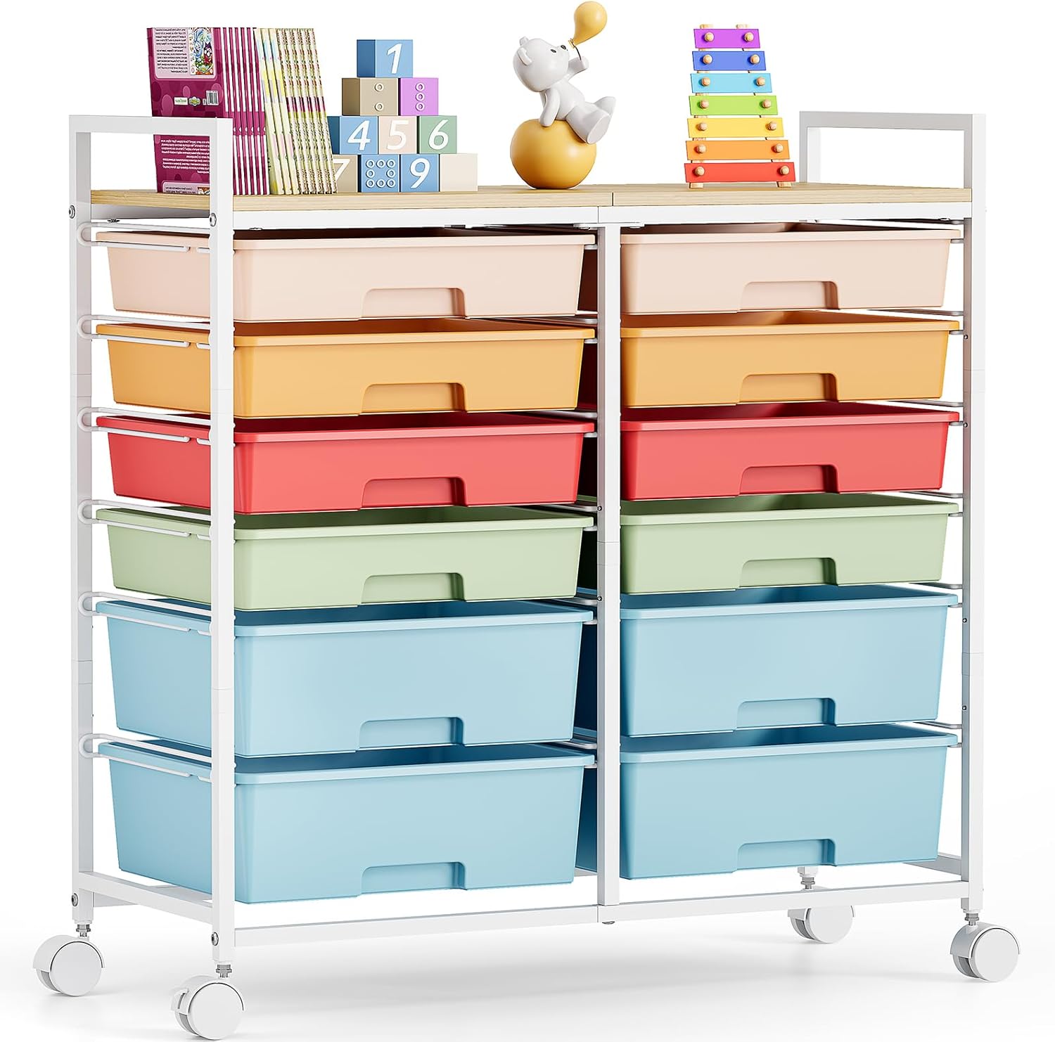 Office Supply Cart - รถเข็นเก็บของแบบมีล้อพร้อมลิ้นชัก 12 ช่อง, รถเข็นอเนกประสงค์แบบมีโต๊ะไม้สำหรับเก็บงานฝีมือ, จัดเก็บอุปกรณ์ศิลปะ และจัดระเบียบโฮมออฟฟิศ,
