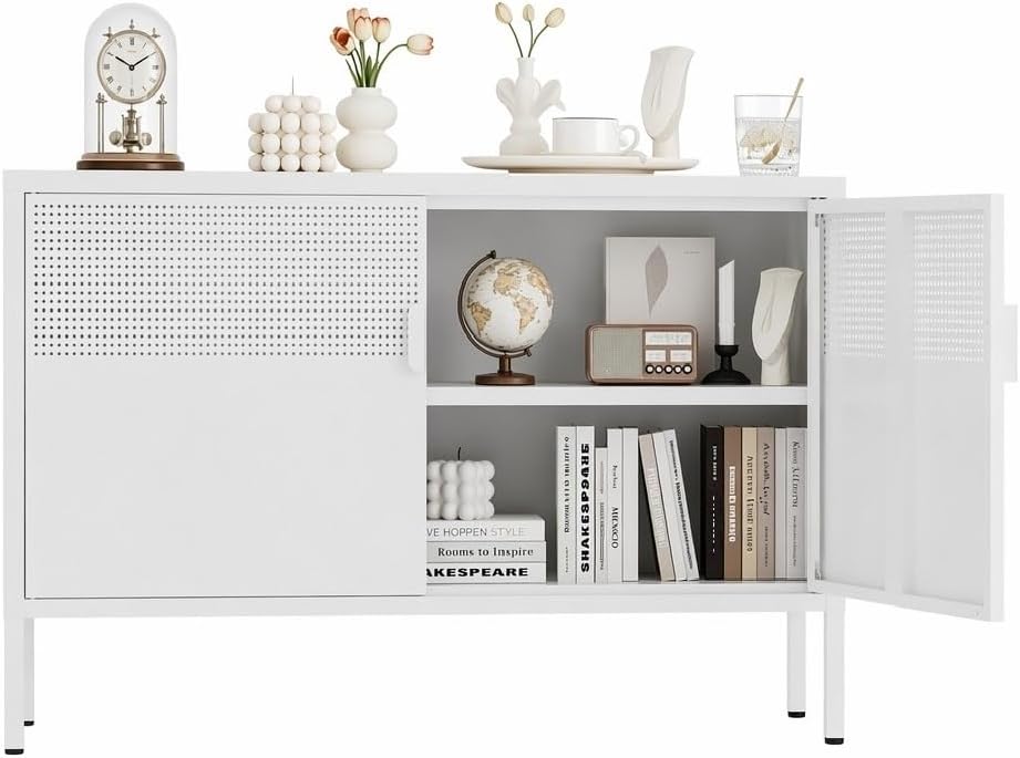 Office Storage Cabinet - ตู้เก็บของโลหะ ตู้วางทีวีสองประตู ตู้โลหะตกแต่งด้วยตาข่าย ปิดด้วยแม่เหล็ก ตู้ไซด์บอร์ดเตี้ยพร้อมชั้นวางปรับได้ สำหรับห้องครัว