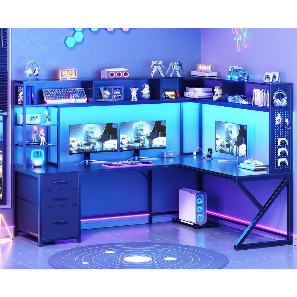 Gaming Desk With Hutch - โต๊ะเกมมิ่งรูปตัว L พร้อมชั้นวางของและตู้เก็บของ, โต๊ะคอมพิวเตอร์ปรับเปลี่ยนได้ขนาด 94.5 นิ้ว