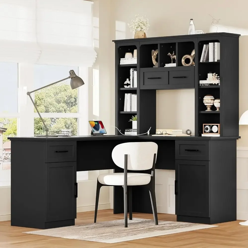 Gaming Desk With Hutch - โต๊ะทำงานรูปตัว L พร้อมที่เก็บของ, ตู้เก็บของ, และชั้นวางแบบเปิดสำหรับใช้ในบ้านหรือเล่นเกม, เหมาะสำหรับห้องนั่งเล่น,