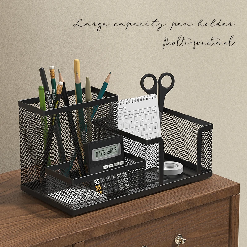 Office Supply Cart - ที่จัดระเบียบโต๊ะทำงานแบบตาข่าย พร้อมที่ใส่ดินสอและตะกร้าเก็บของสำหรับอุปกรณ์ตั้งโต๊ะ 3 ช่อง สีดำ
