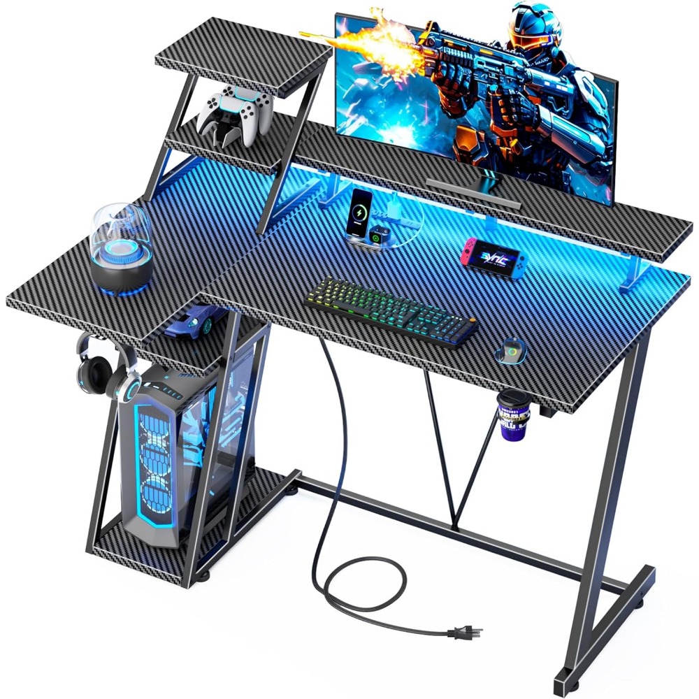 Gaming Desk With Hutch - โต๊ะเกมมิ่งพรีเมียมขนาด 39 นิ้ว พร้อมไฟ LED และปลั๊กไฟ