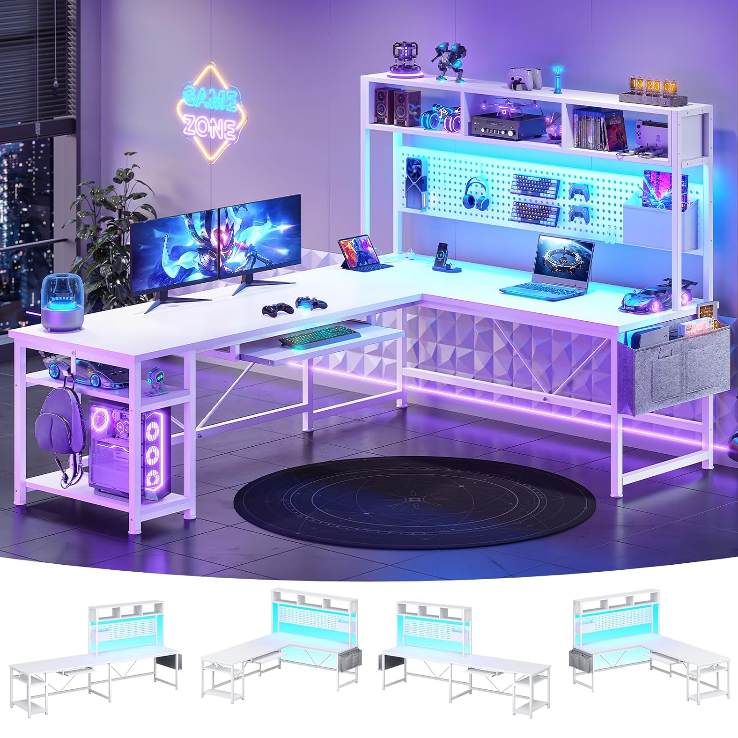 Gaming Desk With Hutch - โต๊ะเกมมิ่งรูปตัว L สีขาว ปรับเปลี่ยนมุมได้ พร้อมปลั๊กไฟและแผงเพ็กบอร์ด ฮัทช์