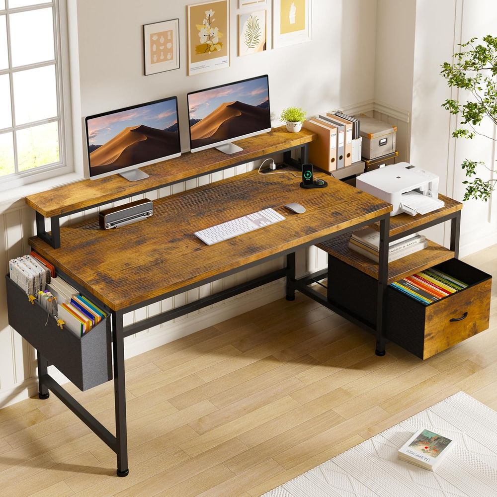 Gaming Desk With Hutch - โต๊ะทำงานสีน้ำตาลสไตล์ Rustic ขนาด 56.5 นิ้ว พร้อมลิ้นชัก