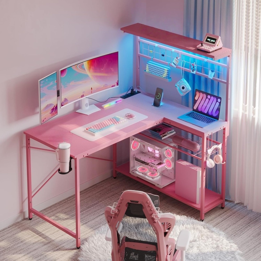 Gaming Desk With Hutch - โต๊ะเกมมิ่ง 42 ลิตร โต๊ะคอมพิวเตอร์พร้อมปลั๊กไฟ ไฟ LED