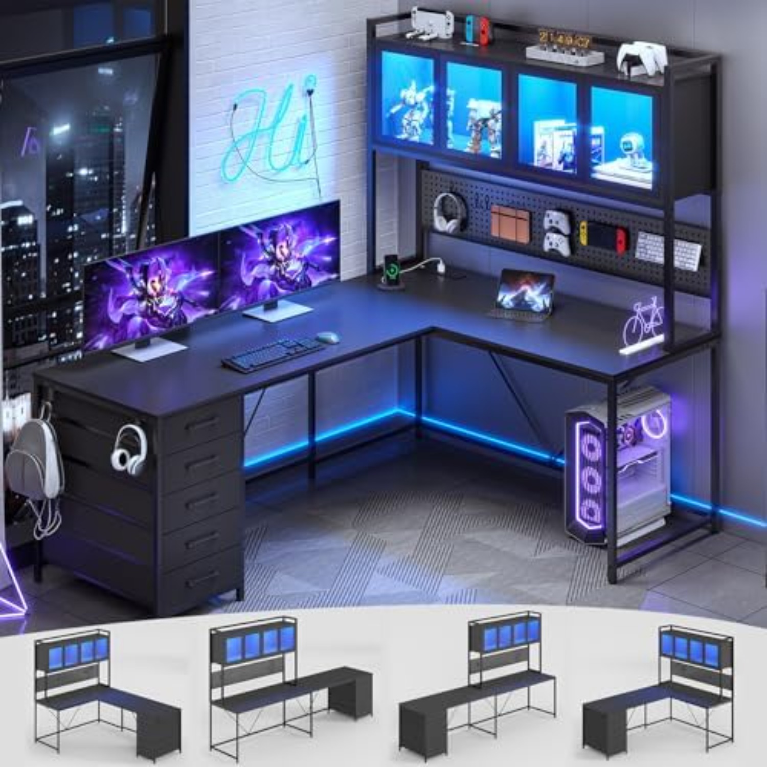 Gaming Desk With Hutch - โต๊ะเกมมิ่งทรงตัวแอลพร้อมลิ้นชัก ตู้เก็บของ และชั้นวางของ | โต๊ะคอมพิวเตอร์แบบปรับเปลี่ยนได้, โต๊ะเกมมิ่งพร้อม