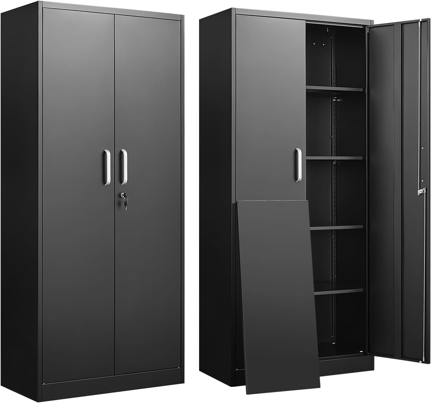 Office Storage Cabinet - ตู้เก็บของโลหะพร้อมชั้นวางปรับระดับได้ ตู้เก็บของในโรงรถสีดำพร้อมประตูและชั้นวาง ชั้นวางเอกสารความจุสูงสำหรับโฮมออฟฟิศ ตู้เก็บของในครัวทรงสูง ตู้เก็บของอเนกประสงค์