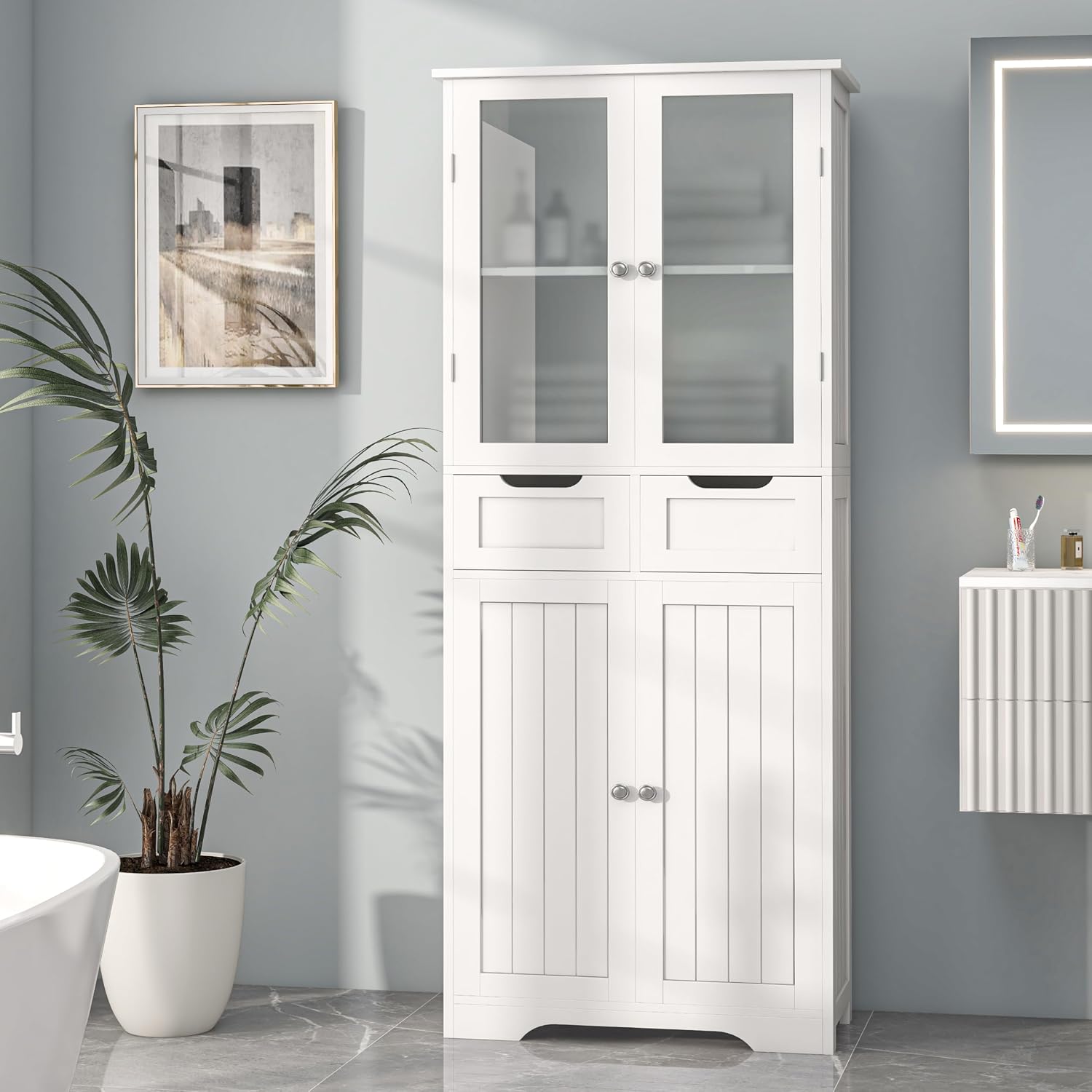 Office Storage Cabinet - ตู้เก็บของในห้องน้ำทรงสูง ตู้ห้องน้ำแบบตั้งพื้นพร้อมประตูกระจก ชั้นวางของ ตู้ห้องน้ำขนาดใหญ่พร้อมลิ้นชัก สำหรับห้องนั่งเล่น ห้องรับประทานอาหาร