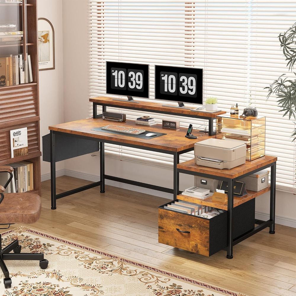 โต๊ะทำงานสีน้ำตาลสไตล์ Rustic  - Gaming Desk With Hutch บทวิจารณ์และราคา