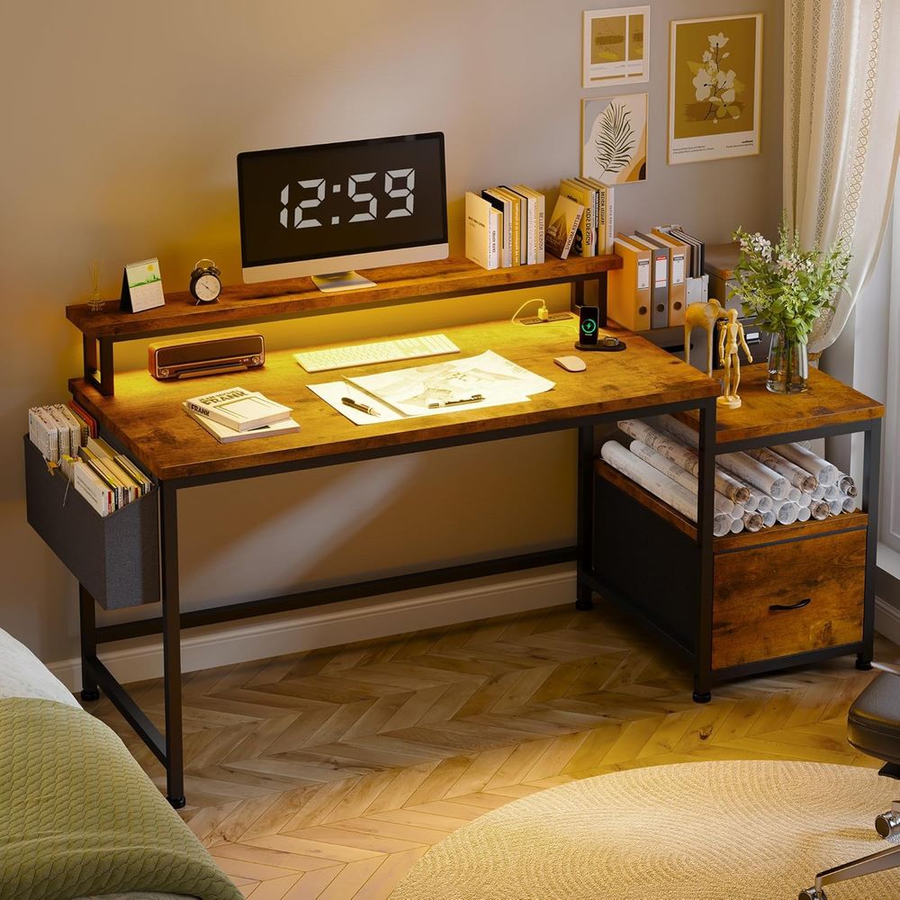 โต๊ะทำงานสีน้ำตาลสไตล์ Rustic  - Gaming Desk With Hutch บทวิจารณ์และราคา